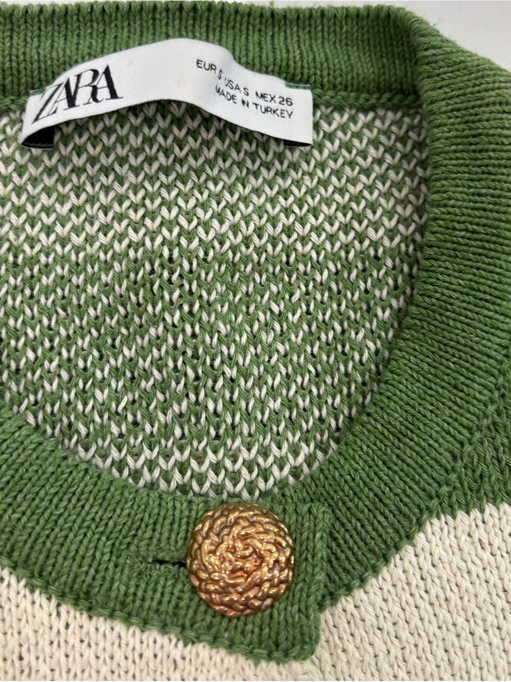 ZARA Green & Cream Striped Knit Cardigan Size Small - Picture 3 of 10